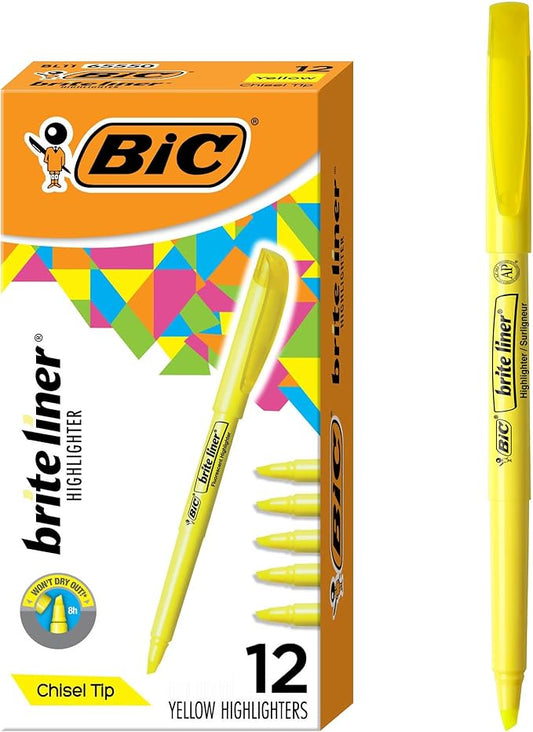 BIC Brite Liner Highlighters, Chisel Tip, 12-Count Pack of Yellow Highlighters, Ideal Highlighter Set for Organizing and Coloring