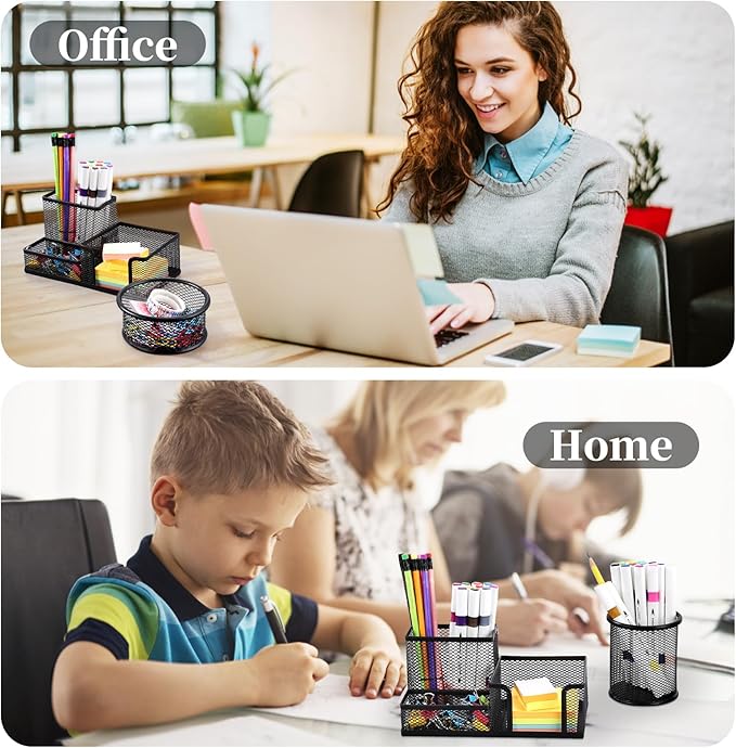 2-Piece Desk Pen & Pencil Organizer - Mesh Metal Pen Cup with Sticky Notes Holder, Black