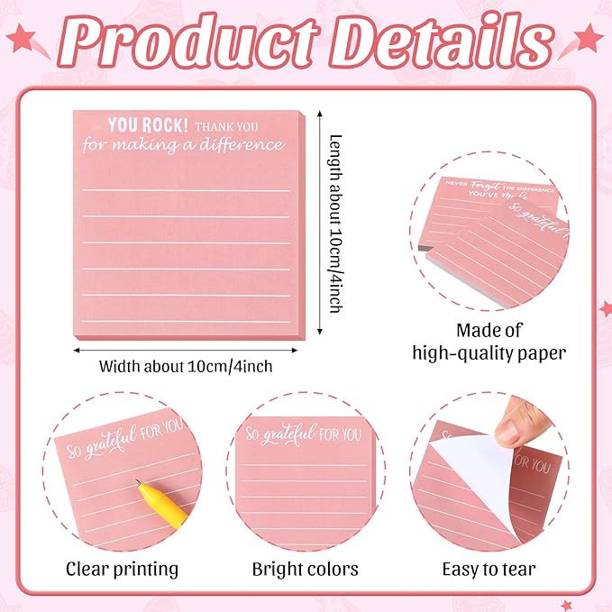 Yinder 24 Pcs Employee Appreciation Sticky Notes Xmas Gift Bulk Motivation Note Pads Mini Inspirational Note Gift for Teacher Nurse Staff Coworker Office Supply 3 x 3'' (Appreciation,Pink)