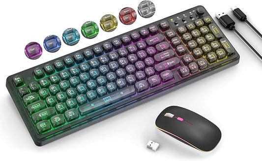 Black Light Up Keyboard and Mouse Wireless,Cute 2.4Ghz Cordless Rechargeable Transparent Backlit Keyboard,15 Backlight Effects,Volume Knob,RGB Mouse with 3 DPI for Mac Computer PC Laptop Desktop iPad