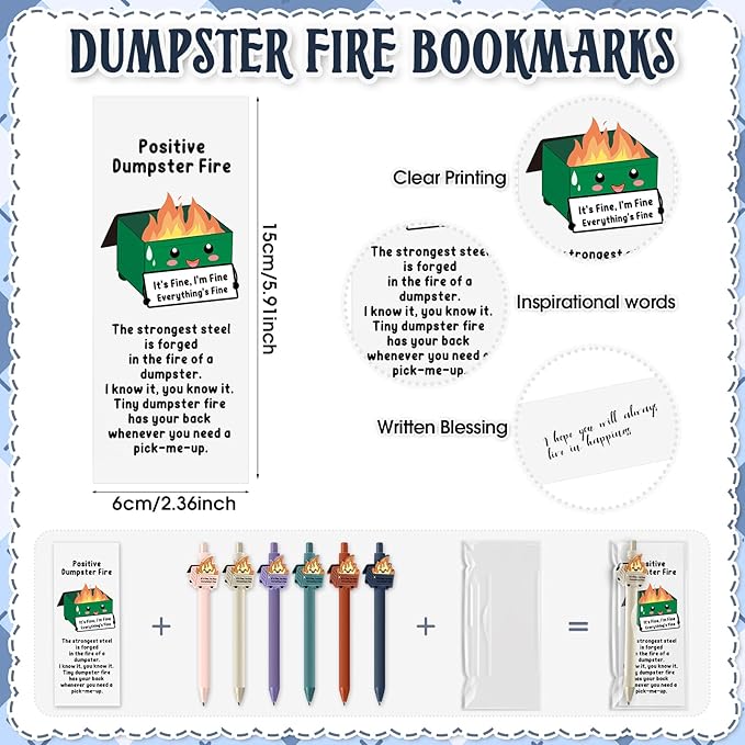 102 Sets Dumpster Fire Gifts Funny Dumpster Fire Ballpoint Pens and Bookmarks Bulk Emotional Support Gift for Christmas Office Desk Accessories Work Coworkers Team Employee Staff Teachers