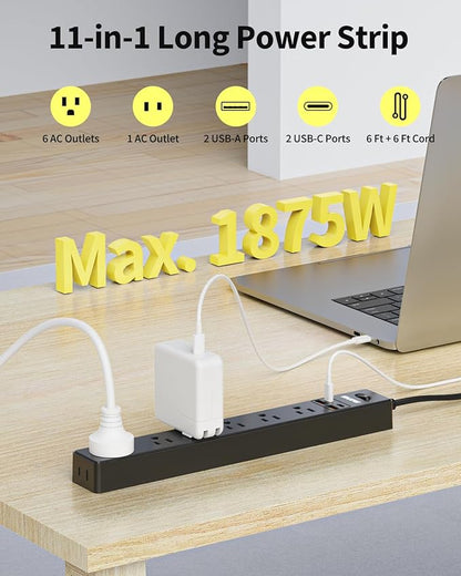 2 Pack Power Strip Surge Protector - 7 Outlets 4 USB Ports (2 USB C), 6 Ft Ultra Thin Flat Plug Extension Cord, 1875W/15A, 1700 Joules, Wall Mount for Home Office Dorm, Black