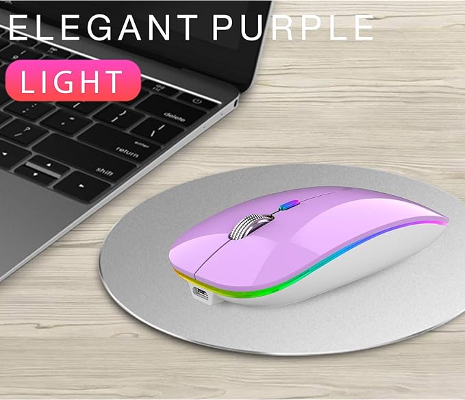 TENMOS Wireless Bluetooth Mouse, LED Slim (Bluetooth 5.1 + USB) 2.4GHz Rechargeable Silent Bluetooth Wireless Mouse with Type C Adapter for Laptop/MacBook/iPad OS 13 and Above (Purple)