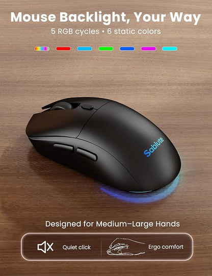 Ergonomic Wireless Keyboard and Mouse Combo, Rechargeable 4000mAh Backlit Keyboard with a Soft, Faux Lambskin Palm Rest, Wave Keys for Natural Typing, Compatible with Windows/Mac/Chromes OS—SABLUTE