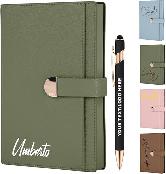 ENOMY Personalized A5 Notebook &10 PC Pens Set Custom Notebook 300 Pages Personalized Journal with Storage Pocket for Writing College Office Business Gift, Green