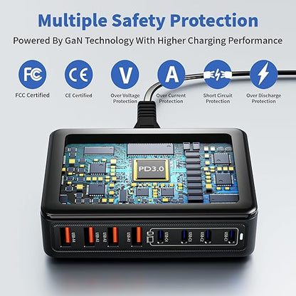 USB C Charger Block, 200W GaN 8 Port USBC Charging Station USB Hub Block Cube with PD3.0 Type C & USB A Wall Charger Power Adapter for Multiple Devices Apple iPhone 17/16/15,MacBook Pro/Air,iPad-Black