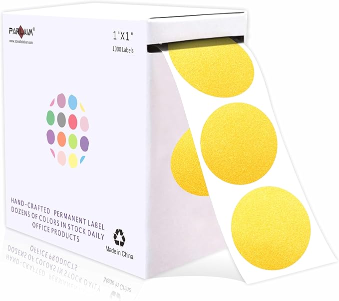 PARLAIM 1” Round Permanent Adhesive Color-Code Dot Stickers,1000 per Roll dots Label Dispenser Box,Gold Circle Stickers Label for Office Classroom