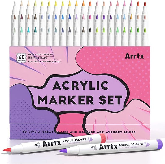 Arrtx Acrylic Paint Markers 60B,Brush Tip Acrylic Markers for Rock Painting,Glass,Stone,Wood,Ceramic Fabric Art Supplies
