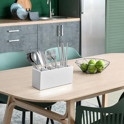 Bivvclaz Pencil Pen Holder for Desk, Wooden Office Desk Organizers and Accessories with 4 Slots for Countertop, Makeup Brush Holder Organizer for Bathroom Vanity, Silverware Caddy for Party, White