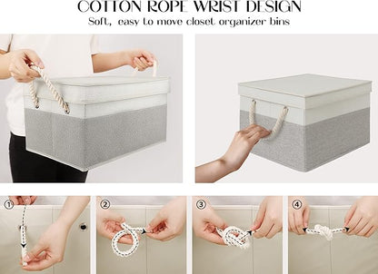 LoforHoney Home Fabric Storage Bins with Lids for Organizing, Foldable Closet Storage Boxes for Shelves, Clothes Baskets with Cotton Rope Handles, Large, Beige & Gray, 4-Pack