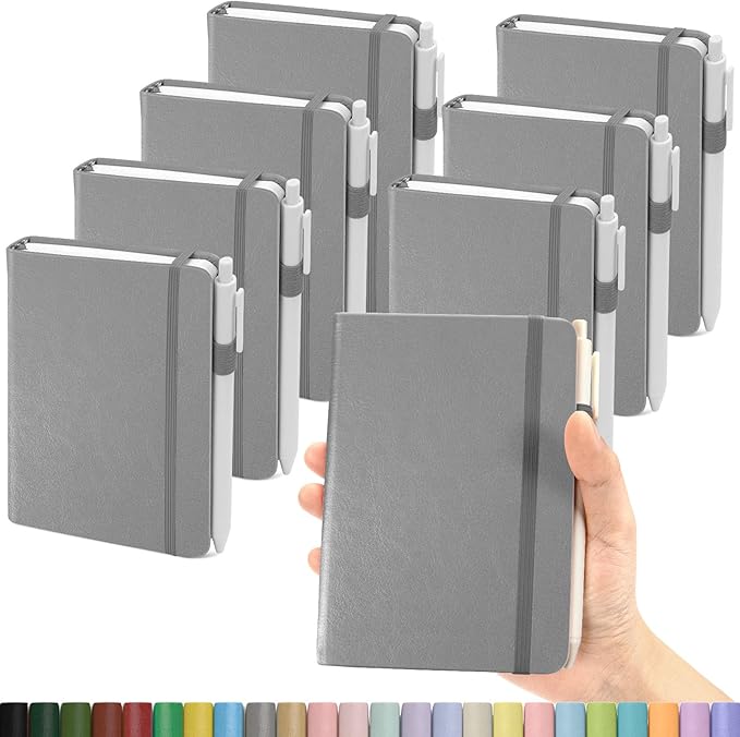Pocket Small Notebook Journals, 8 Pack (Silver Gray) Mini Notebook 3.7x5.7 Journaling Notebooks for Women Men, Hardcover Lined Note Pads with Pens for Work, Business, Travel Journal, Office Supplies