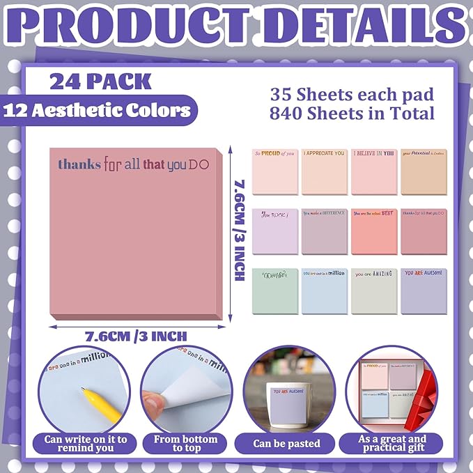Yinder 24 Pcs Inspirational Sticky Notes Christmas Stocking Stuffers Motivational Sticky Notes Pad Employee Appreciation Gift Bulk for Teacher Nurse Coworker Office 3 x 3'' (Thank You,Aesthetics)
