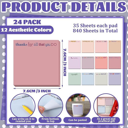 Yinder 24 Pcs Inspirational Sticky Notes Christmas Stocking Stuffers Motivational Sticky Notes Pad Employee Appreciation Gift Bulk for Teacher Nurse Coworker Office 3 x 3'' (Thank You,Aesthetics)