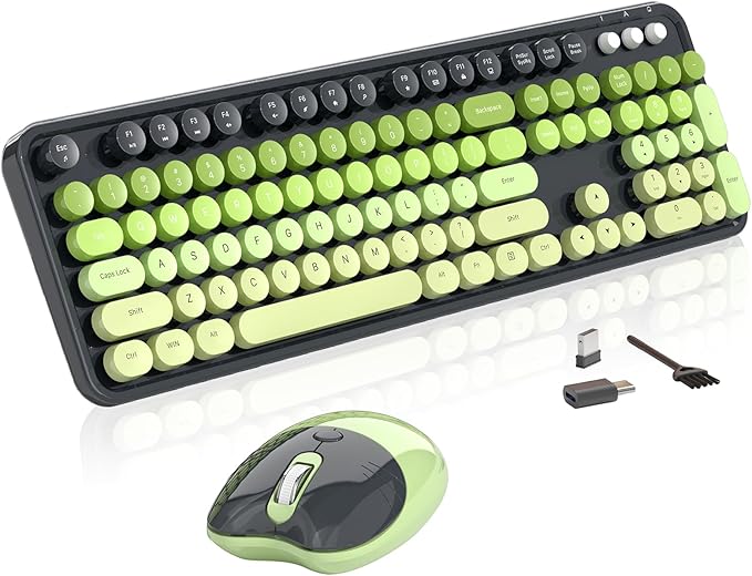 Wireless Keyboard and Mouse, MOFII 104 Round Keycaps Retro Typewriter with OTG & Brush, Full-Size Ergonomic, Ideal for Windows PC, Home, Office and College Gray Green