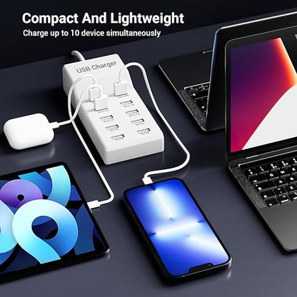 USB Charging Station 50w10A 10-Port Charger, Multiport Charger Hub, Compatible with iPhone, Galaxy, iPad Tablet, and Other Devices（White）