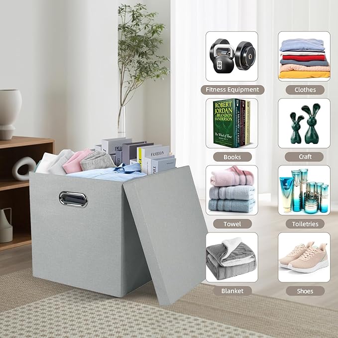 Storage Bins with Lids, Collapsible Linen Fabric Boxes Organizer Containers with Lid Foldable Storage Box Basket for Closet, Shelves, Home, Office, 11 x 11 x 11.4 Inch, 4 Pack, Gray
