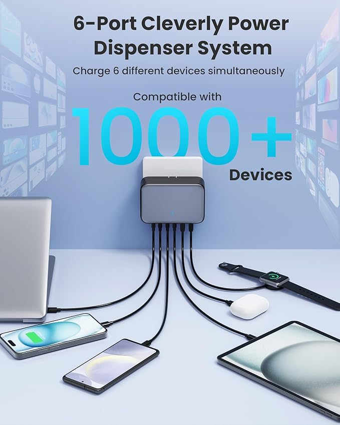 USB C Charger Block 200W with Wall Plug,6 Ports GaN IV Charging Station Hub,QC4.0+PD 65W USB C Laptop Charger Adapter Compatible with MacBook Air/Pro,DELL,iPhone 17/16/15,iPad,Steam Deck,Galaxy-Black