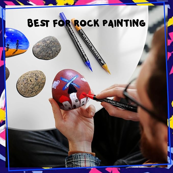 48 Colors Dual Tip Acrylic Paint Markers,Fine Tip and Brush Tip Permanent Acrylic Paint Pens For Rock Painting, Canvas, Wood, Glass, Ceramic, Fabric, Plastic, Egg, Scrapbook,Art Painting Supplies Kit
