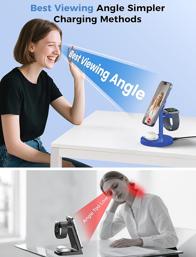 2026 3 in 1 Wireless Charging Station Compatible with MagSafe, 15W Fast Magnetic Mag-Safe Charger Stand for Apple iPhone 17 16 15 14 13 12 iWatch AirPods Pro 4 3 2, Blue