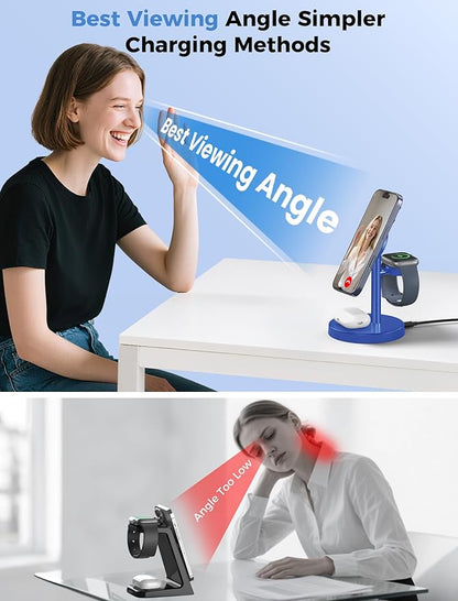 2026 3 in 1 Wireless Charging Station Compatible with MagSafe, 15W Fast Magnetic Mag-Safe Charger Stand for Apple iPhone 17 16 15 14 13 12 iWatch AirPods Pro 4 3 2, Blue