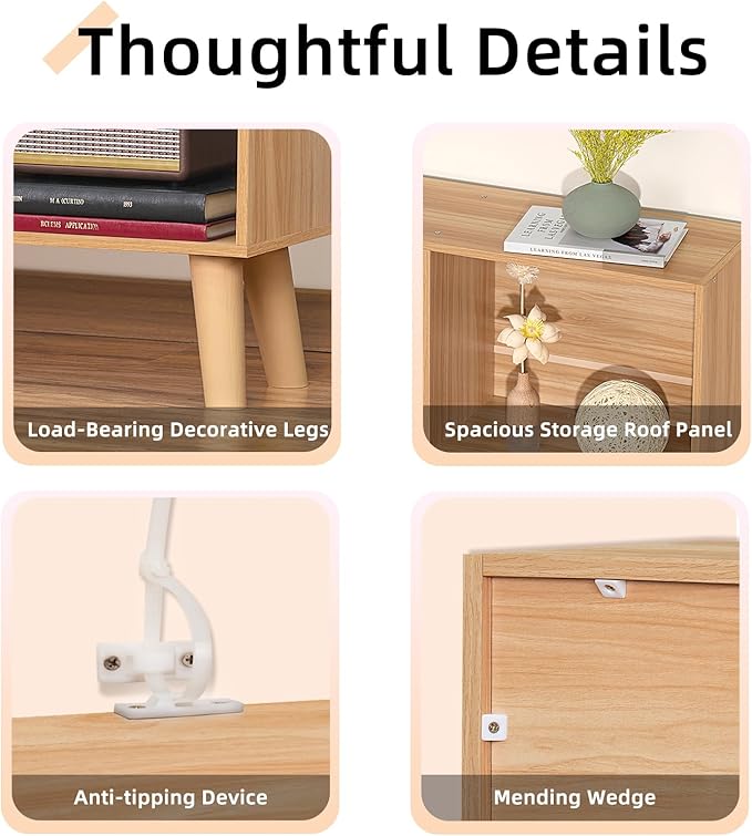 LEYAOYAO 10 Cube Bookshelf,3 Tier Modern Wide Bookcase with Legs,Mid-Century Wood Bookshelves Storage,Natural Large Book Case,Freestanding Organizer Display Shelf for Bedroom,Living Room,Office