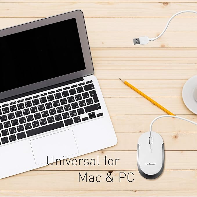 Macally Silent Wired Mouse - Slim & Compact USB Mouse for Apple Mac or Windows PC Laptop/Desktop - Designed with Optical Sensor & DPI Switch - Simple & Comfortable Wired Computer Mouse (White)