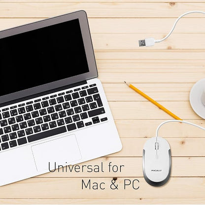 Macally Silent Wired Mouse - Slim & Compact USB Mouse for Apple Mac or Windows PC Laptop/Desktop - Designed with Optical Sensor & DPI Switch - Simple & Comfortable Wired Computer Mouse (White)