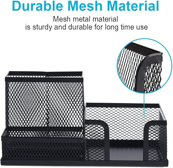 2-Piece Desk Pen & Pencil Organizer - Mesh Metal Pen Cup with Sticky Notes Holder, Black