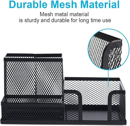 2-Piece Desk Pen & Pencil Organizer - Mesh Metal Pen Cup with Sticky Notes Holder, Black