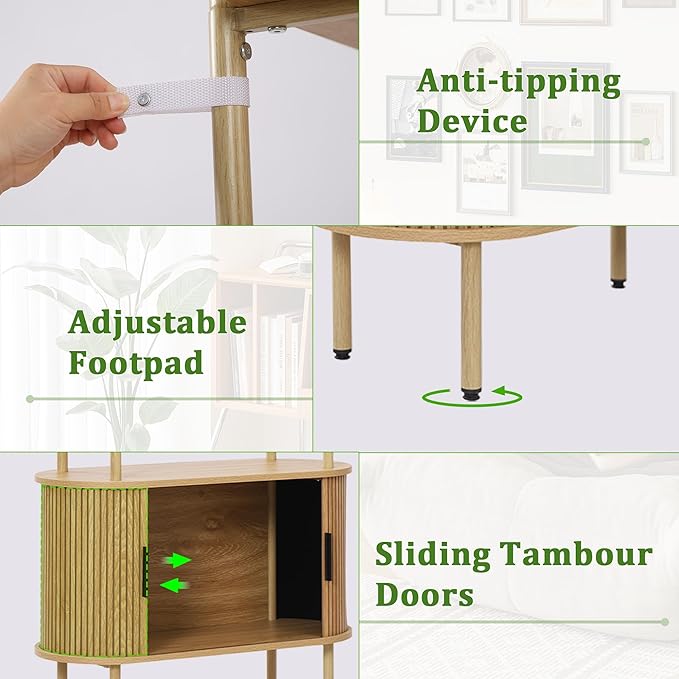 71" Tall Fluted Arched Bookshelf with Sliding Tambour Doors, Mid Century Modern Metal Curved Bookshelf Cabinet with Storage, 4-Tier Open Display Storage Shelf for Home Office, Living Room (Natural)