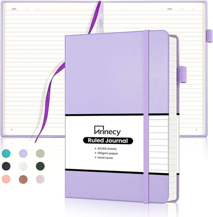 Annecy Lined Journal Notebook, Hardcover Leather Journal for Women & Men, 160 Numbered Pages, Medium 5.5" x 8.25", 100 GSM Thick Paper, Purple