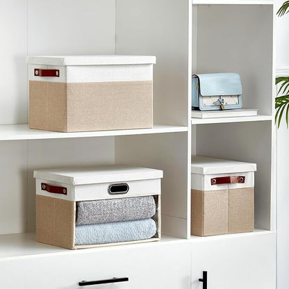 Fabric Clear Window Storage Bins with Lid, Closet Storage Box Linen Closet Baskets with 3 Handles for Organizing Clothing, Jeans, Shelves 15''- 3 Pack (Beige and White)