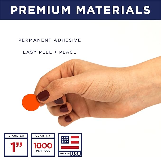 Fluorescent Red 1-Inch Circle Dot Stickers – 1,000 Round Adhesive Labels per Roll, Colored Stickers for Garage Sale Price Tags, Classroom, Inventory, Office & Yard Sale Supplies, Made in USA