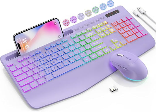 SABLUTE Wireless Keyboard and Mouse Combo, 9 Backlit Effects, Wrist Rest, Phone Holder, 2.4G Lag-Free Ergonomic Keyboards, Rechargeable Silent Cordless Set for Computer, Laptop, Mac, Windows (Purple)