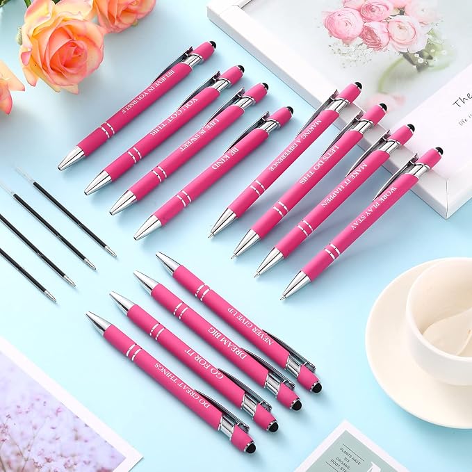 Zonon 12 Pcs Inspirational Pens Bulk Funny Ballpoint Pen with Stylus Tip Motivational Gifts for Christmas Teacher Coworkers Nurse School Office Supplies(Pink,Motivational Style)