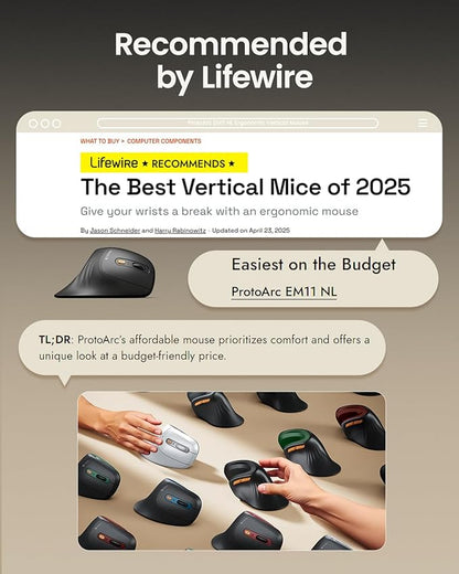 ProtoArc Ergonomic Mouse, EM11 NL Wireless Vertical Mouse, Ergo Mouse with Multi-Device, USB-C Rechargeable Mice for Windows, Mac OS, PC/Notebook/Laptop,Green