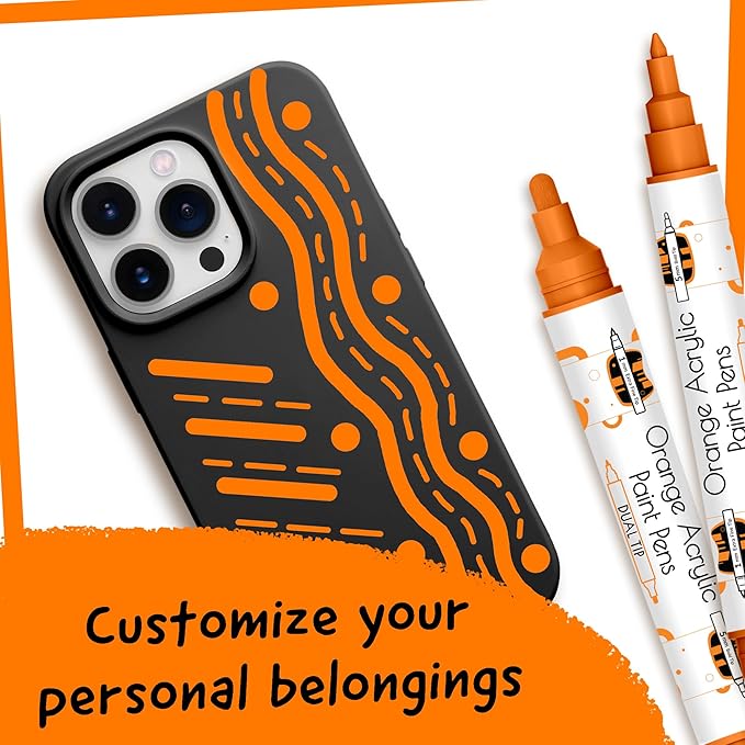 4 Dual Tip Orange Paint Pen Metallic - Fine Tip & Medium Acrylic Paint Markers - Orange Marker for Metal, Wood, Rock Painting, Canvas, Ceramic, Glass, Fabric, Leaf and Plastic - Water-based Ink