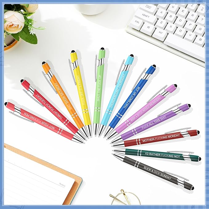 Zonon 12 Pcs Inspirational Pens Bulk Funny Ballpoint Pen with Stylus Tip Motivational Gifts for Christmas Teacher Coworkers Nurse School Office Supplies(Fancy Color,Funny Week)