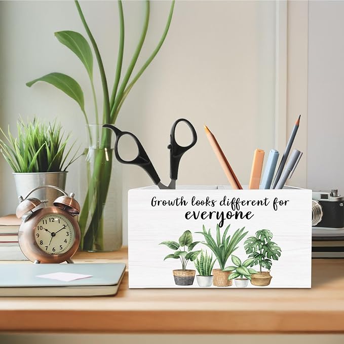 Inspirational Pen Holder for Desk, Growth Looks Different for Everyone Wooden Box Sign Desk Decor for Therapy Office Decoration, Mental Health Pencil Organizer, Growth Mindset Decor