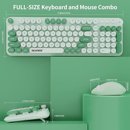 Wireless Keyboard and Mouse,Cute Retro Typewriter Computer Keyboard and Mouse Sets,Full Size 2.4G Cordless Colorful Round Keycaps Keyboard with Silent Mouse for PC Windows Laptop Office-Multi Green