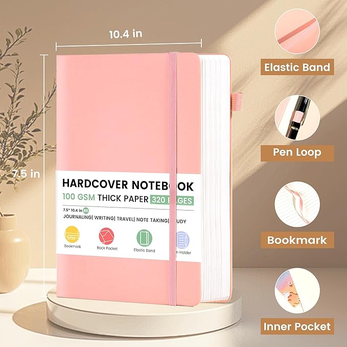 CAGIE Lined Journal Notebook, 320 Pages College Ruled Notebook, 100 Gsm Paper Thick Journal, B5 Hardcover Leather Journals for Writing Women, 7.6x10 In, Pink