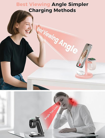 2026 3 in 1 Wireless Charging Station Compatible with MagSafe, 15W Fast Magnetic Mag-Safe Charger Stand for Apple iPhone 17 16 15 14 13 12 iWatch AirPods Pro 4 3 2, Pink