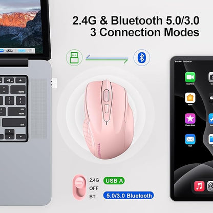 TECKNET Wireless Mouse (BT5.0/3.0 & 2.4G) Rechargeable 4800 DPI Silent USB A & Bluetooth Mouse 6 Buttons, Wide Compatibility - Pink