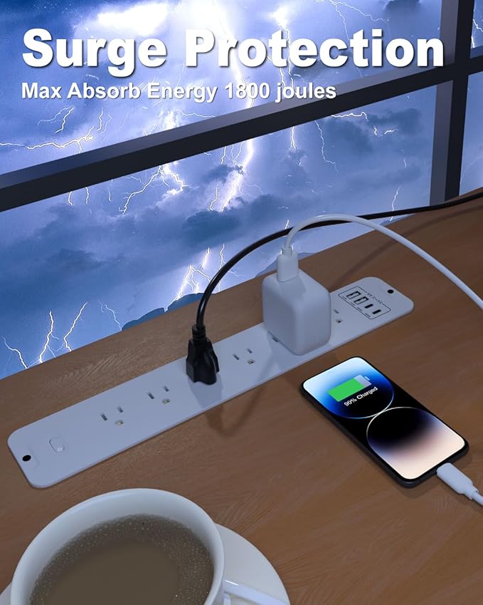 Recessed Power Strip Extension - 10 Outlet Surge Protector with 6 AC - 2 USB-A（18W） and 2 USB-C（PD20W） Ports - Flush Mount Desk Outlet with 6 Feet Cord - for Conference Table (White)