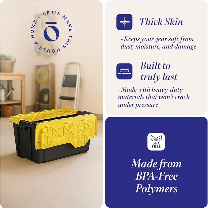 HOMZ 6-Pack Durabilt Tote, Heavy Duty Plastic Storage Bins with Lids, 15 Gallon, Black/Yellow - Stackable Organizing Containers for Home, Garage, and Office