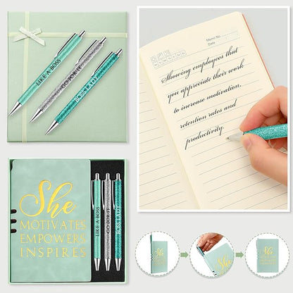 5 Pcs Boss Gifts for Women Set Leather Journal Ballpoint Pens with Box Thank You Employee Appreciation Thanksgiving Christmas Gifts for Female Leader Birthday Bestie Coworker (Green)