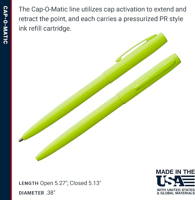 Fisher Space Pen Cap-O-Matic Pen, Ballpoint, Fluorescent Yellow, Pocket Clip, Black Ink