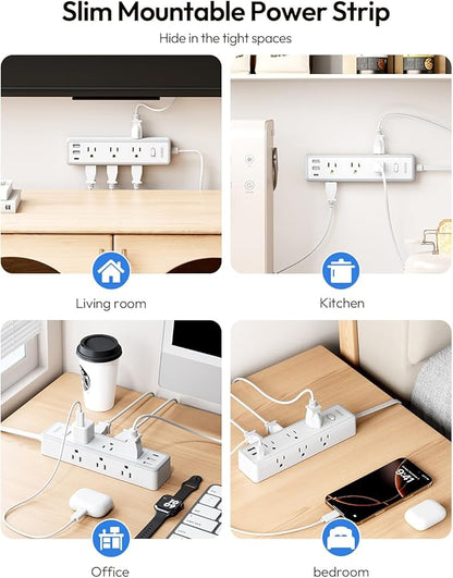 Flat Extension Cord 15 FT, Surge Protector Power Strip with 9 Widely Outlets and 3 USB (1 USB-C), Extension Cord with Multiple Outlets, 1080 Joule, Wall Mount, for Home Office, Dorm,White