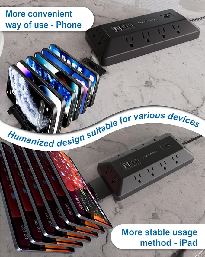 16 in 1 Surge Protector Power Strip with 4 USB (2 USB C) and 12 AC Outlets Extender, 6 Ft Flat Plug Extension Cord, Cable Management Outlets for Home Office and Dorm Rooms (Black)