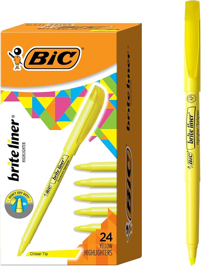 BIC Brite Liner Highlighters, Chisel Tip, 24-Count Pack of Yellow Highlighters, Ideal Highlighter Set for Organizing and Coloring